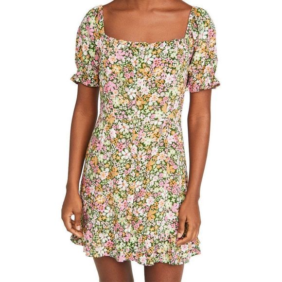 Lost + Wander Getaway Island Mini Dress Shopbop Green Multi Floral Puff Sleeves - Picture 1 of 16